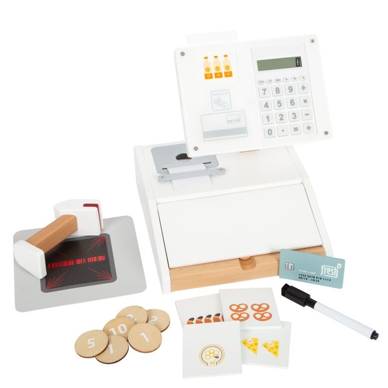 This Small Foot Cash Register is an extraordinary, realistic modern cash register made of wood that makes shopping in the kids' play store even more fun