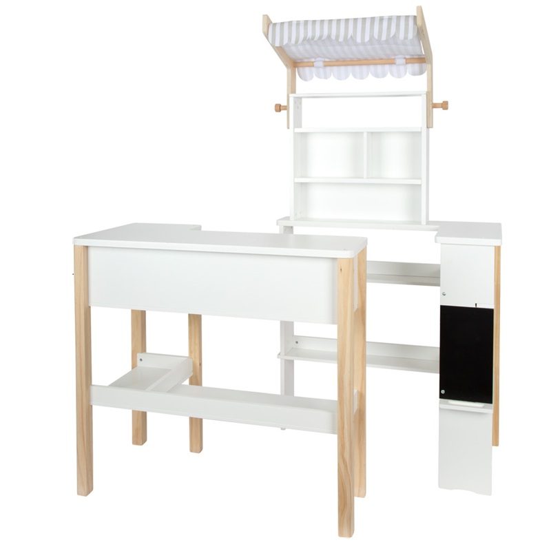 Small Foot Play Store is a versatile two part wooden play shop, complete with shelves in the front and sides, closable storage compartments on the counter, and a chalkboard.