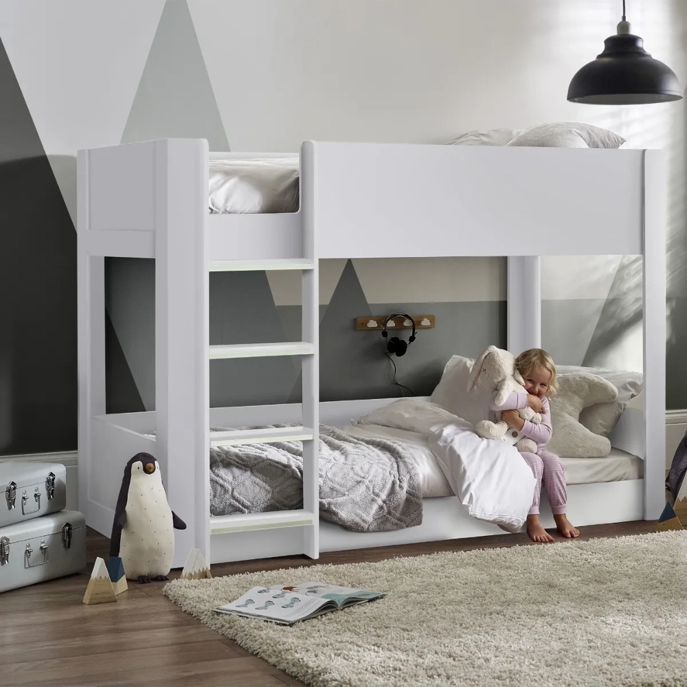 Solomon Bunk Bed is a sleek Low Bunk with a sturdy glow in the dark ladder and generous guarding on the top bunk, for extra peace of mind