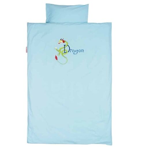Taftan Toddler Duvet Cover Set Dragon is a beautiful kids 100% Cotton bed linen set featuring a cool embroidered Dragon on a turquoise background.