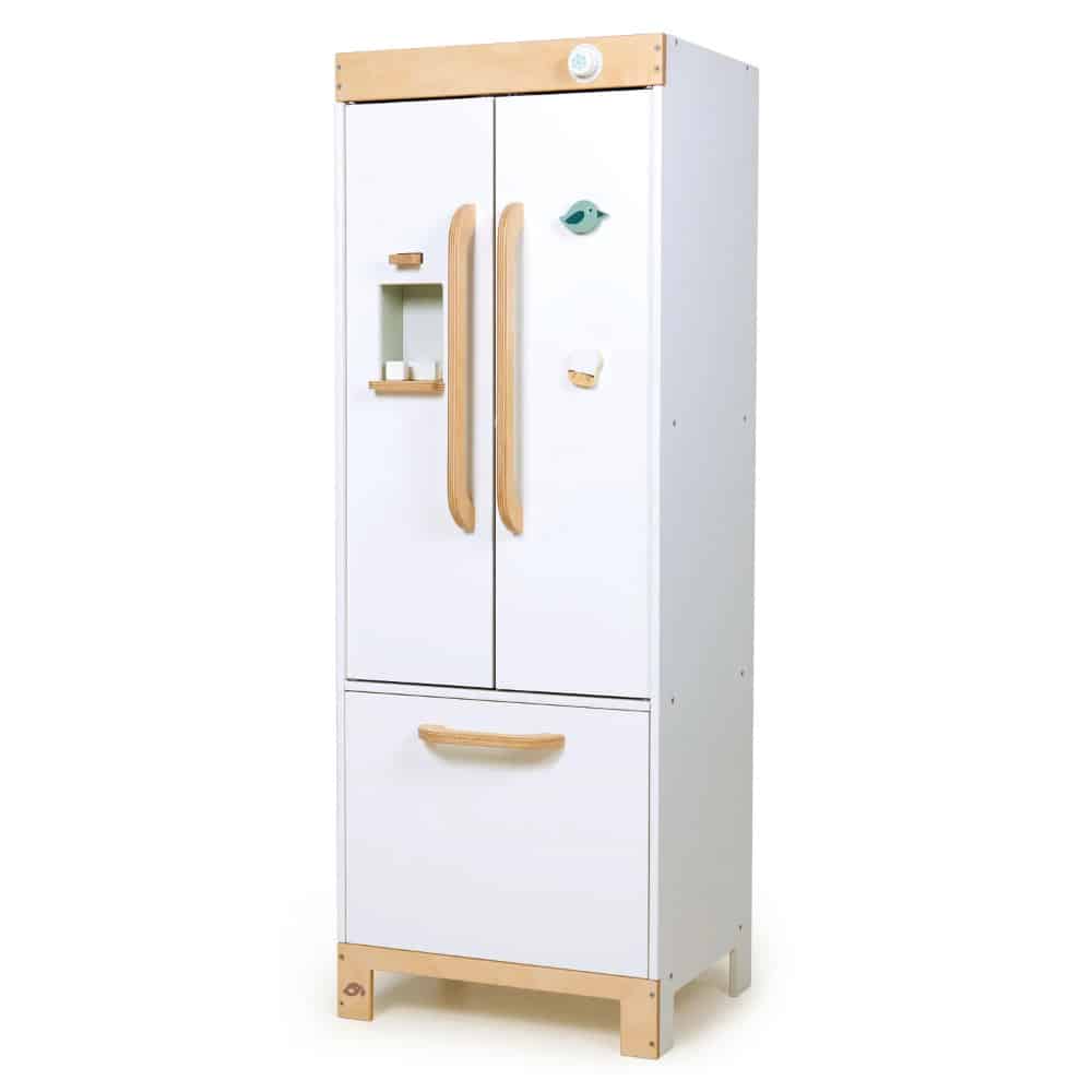 Tenderleaf Toys Refrigerator is a free-standing white fridge-freezer that would make for a great addition to any play Kitchen.
