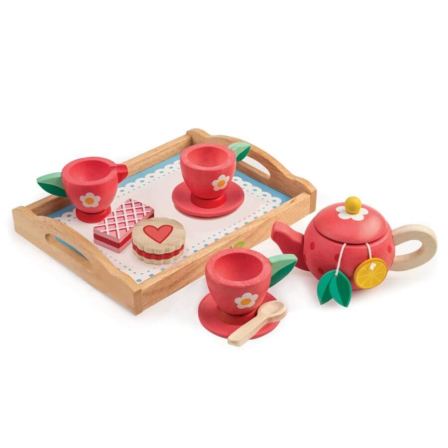 Tender Leaf Toys Tea Tray Set includes, 2 cups and saucers, a teapot with lid, milk jug, spoon, 2 yummy biscuits, and 2 fruity teabags