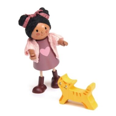 Tenderleaf Toys Ayana, dressed in a pretty pink cardigan, with a heart motif printed on her wooden body, is a beautiful posable wooden doll who is always accompanied by her kitten.