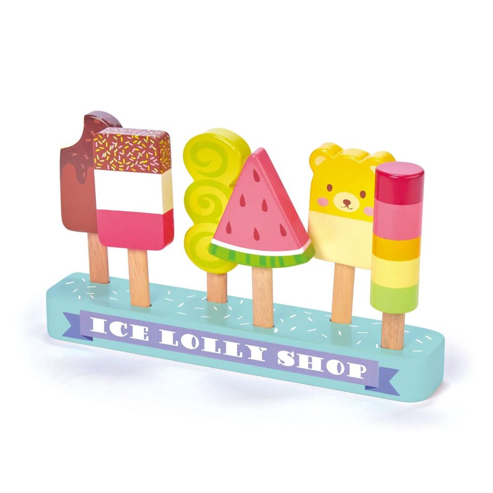 Tenderleaf Ice Lolly Shop a fun and fabulous wooden toy ice cream set with 6 delicious and different flavoured ice lollies all made from solid rubberwood and painted in yummy colours.