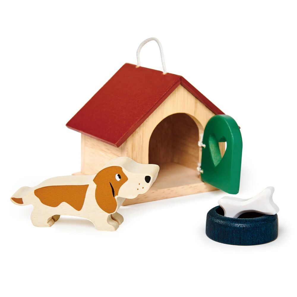 Tenderleaf Pet Dog Set features a charming basset hound dog with a bowl and a bone in a pretty kennel with opening door and carry handle. Suitable for all the wooden dolls houses, as scaled to 1:12