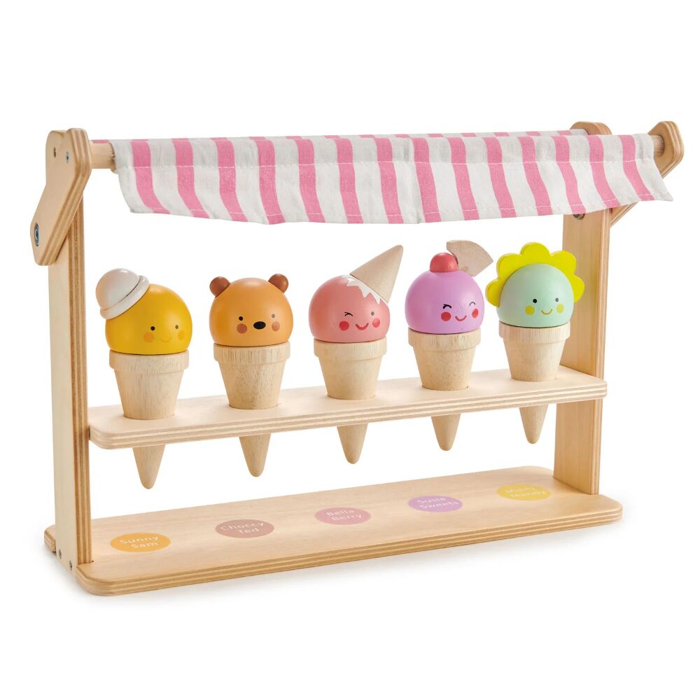 Tenderleaf Scoops & Smiles is a wooden toy playset featuring 5 delicious, and very friendly plastic-free ice cream cones, that s ideal for playing with friends, and for little ones developing new language skills.