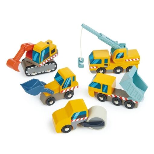 Tenderleaf Toys Construction Site Set is a beautifully made and finished collection of fabulous brightly coloured construction vehicles,
