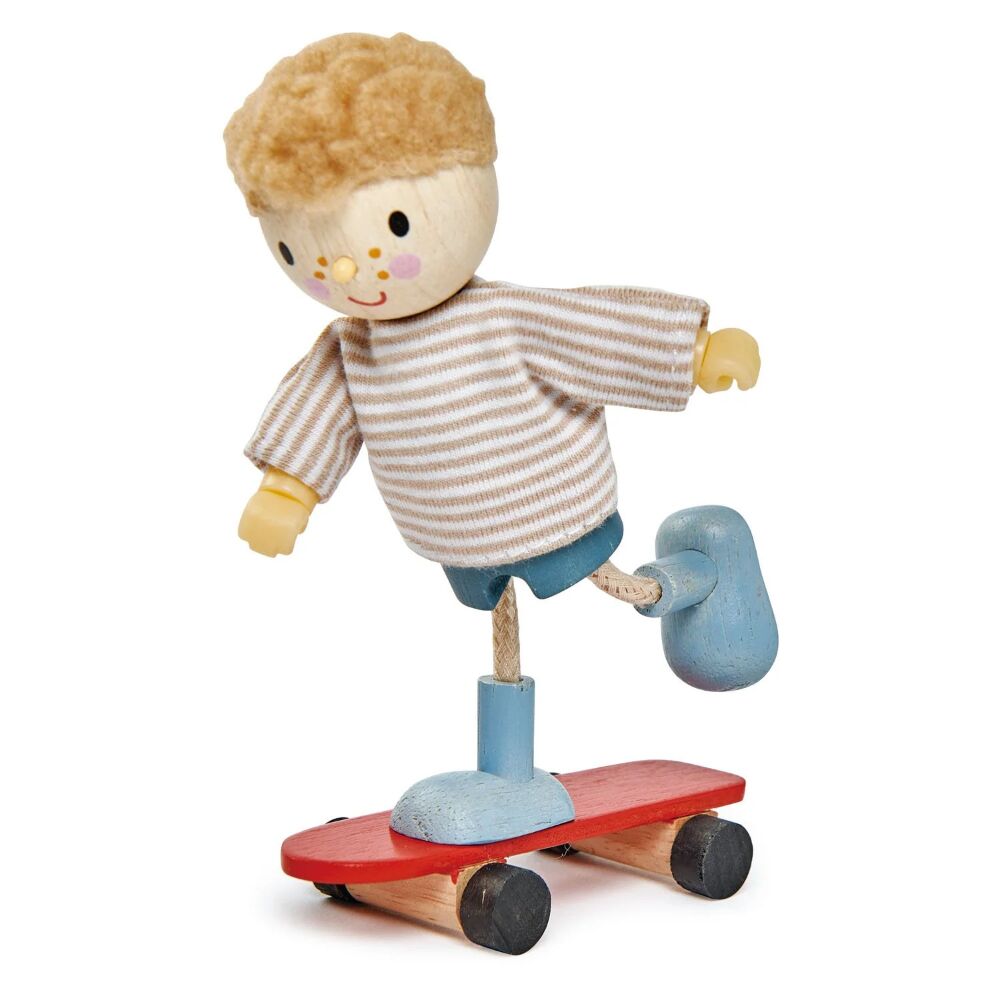 Tenderleaf Toys Edward and his Skateboard, a beautifully made solid wooden posable doll that makes playtime super fun! Suitable from 3 years +