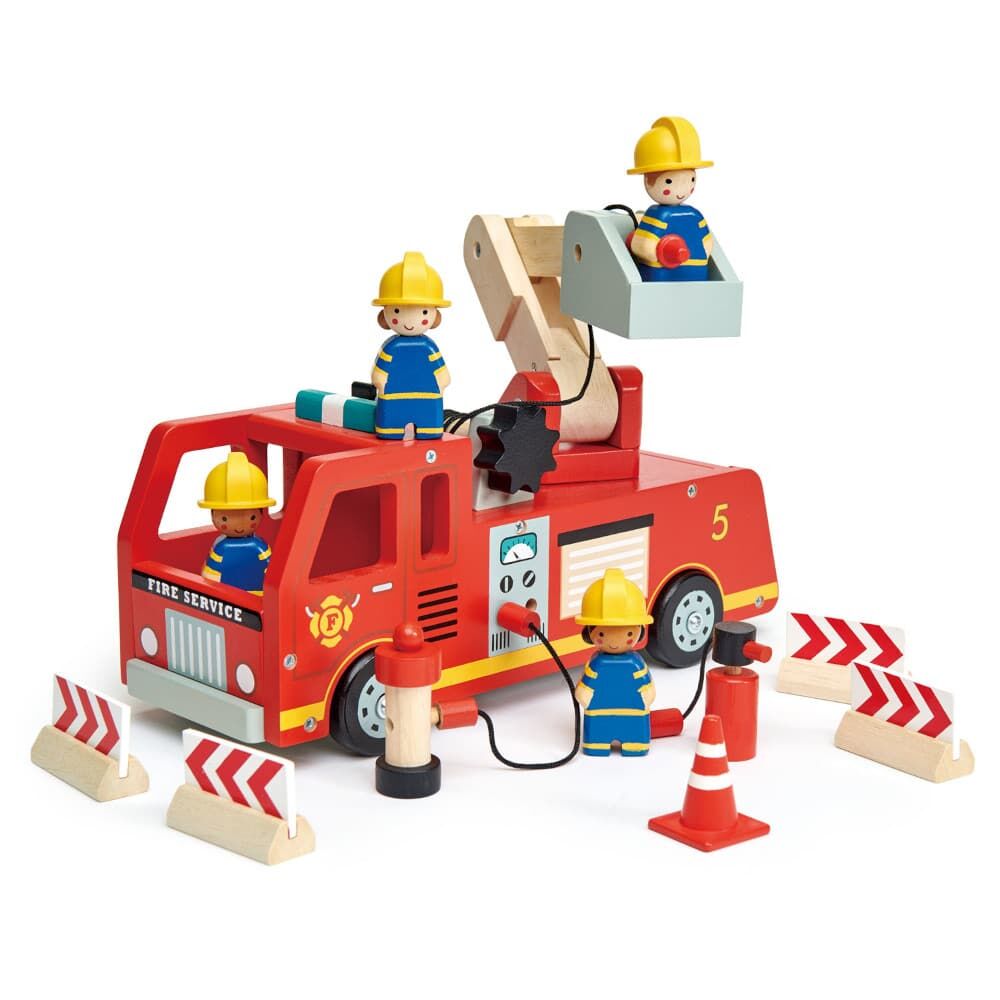 Tenderleaf Toys Fire Engine is a bright wooden fire engine, with an unrolling hose and a natural wood extending arm to take the 4 firemen