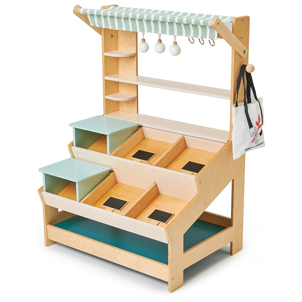 Tenderleaf Toys General Stores is a wooden market stall with shelves and two inter-changeable mini platforms, complete with Canopy