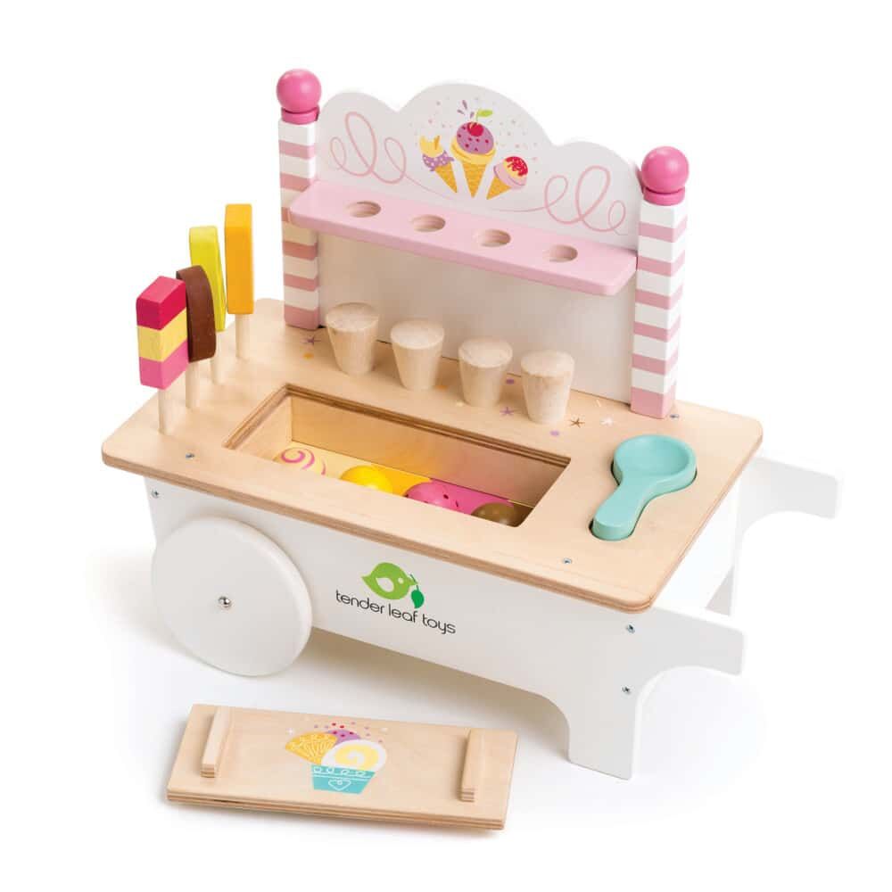 Tenderleaf Toys Ice Cream Cart is a wonderfully made wooden ice cream cart, with popsicles, lollies and ice cream cones, ready to be served!