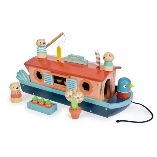 This Tenderleaf Toys Little Otter Canal Boat, is a sustainably made wooden toy houseboat that comes complete with doll characters Suzy, Skipper and Smudge.