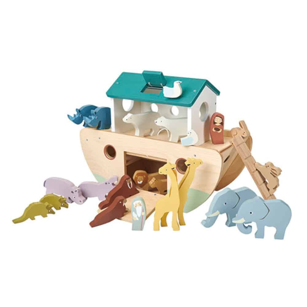 Tenderleaf Toys Noah's Ark is a solid wooden toy Ark, painted in soft contemporary colours that enhance the use of top quality plywood used throughout.