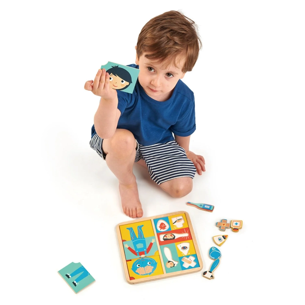Tenderleaf Toys Ouch Puzzle is an educational 12 piece puzzle that explores how the body is made up. What makes us hurt and what makes us better!
