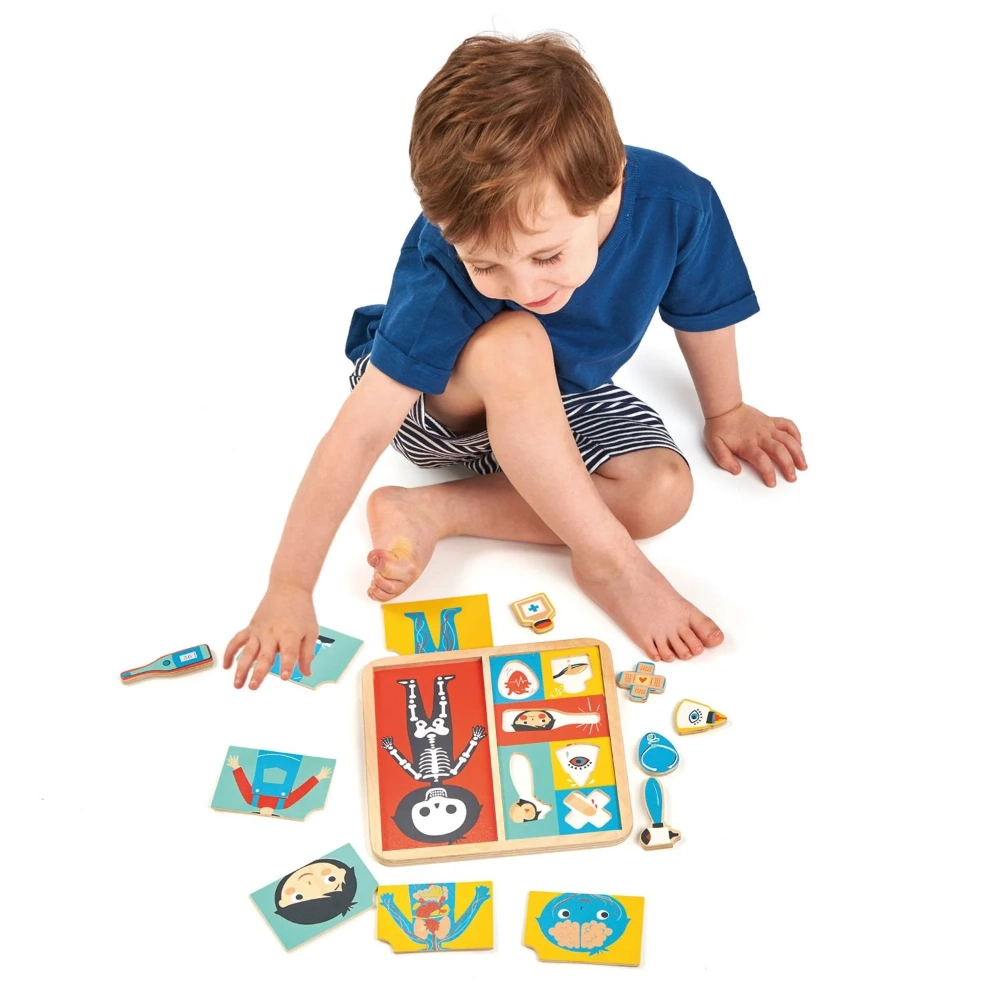 Tenderleaf Toys Ouch Puzzle is an educational 12 piece puzzle that explores how the body is made up. What makes us hurt and what makes us better!