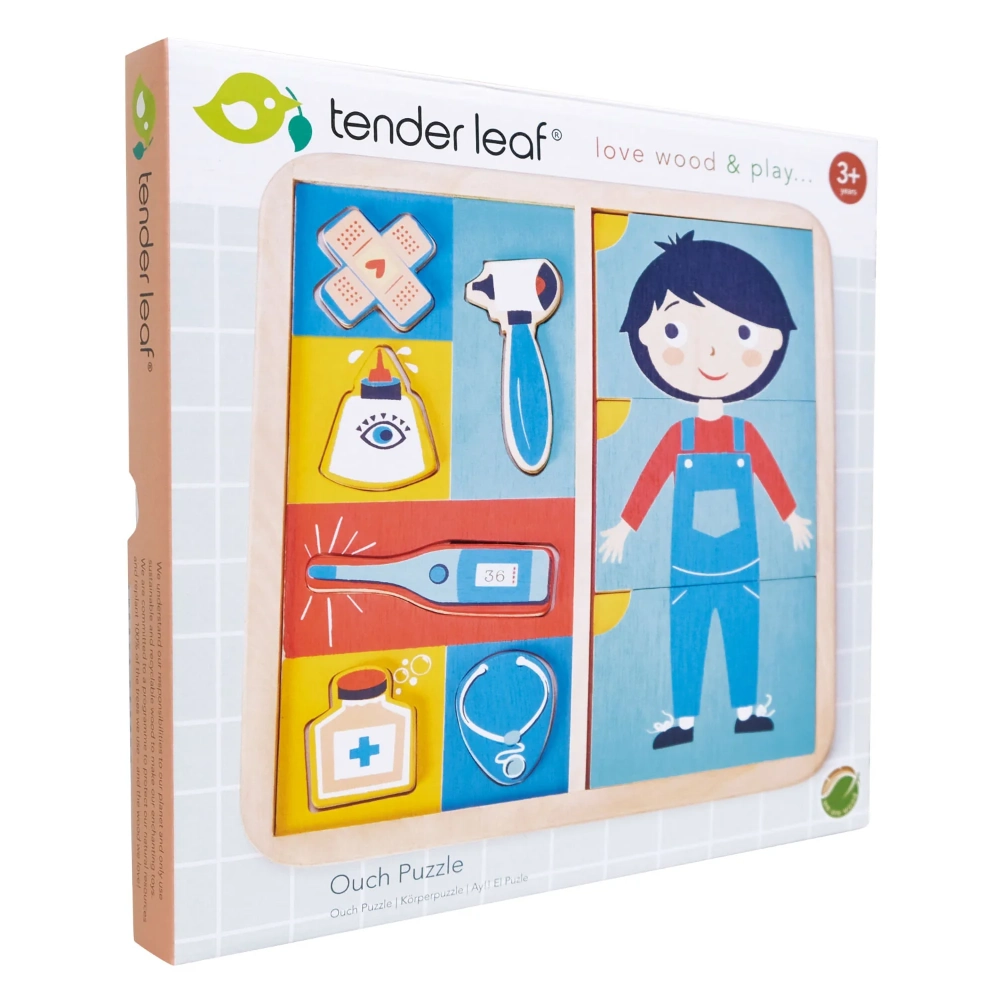 Tenderleaf Toys Ouch Puzzle is an educational 12 piece puzzle that explores how the body is made up. What makes us hurt and what makes us better!
