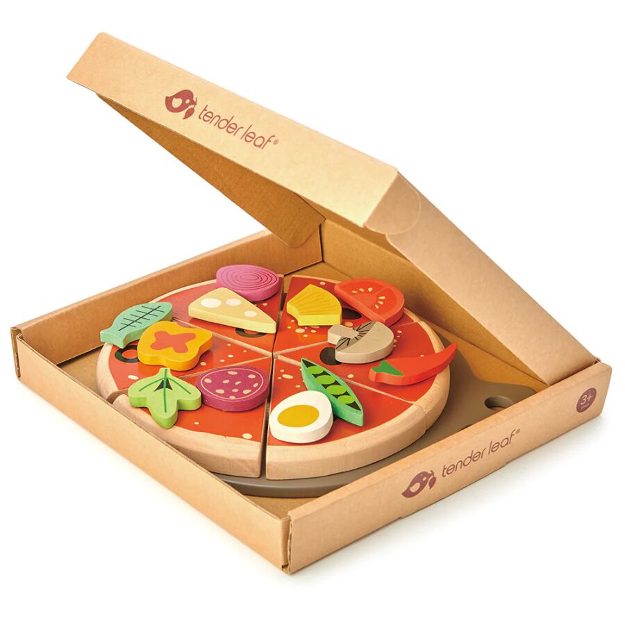 Tenderleaf Toys Pizza Party features 6 pre-cut slices arranged on a pizza tray and kids will have fun arranging the twelve different toppings.