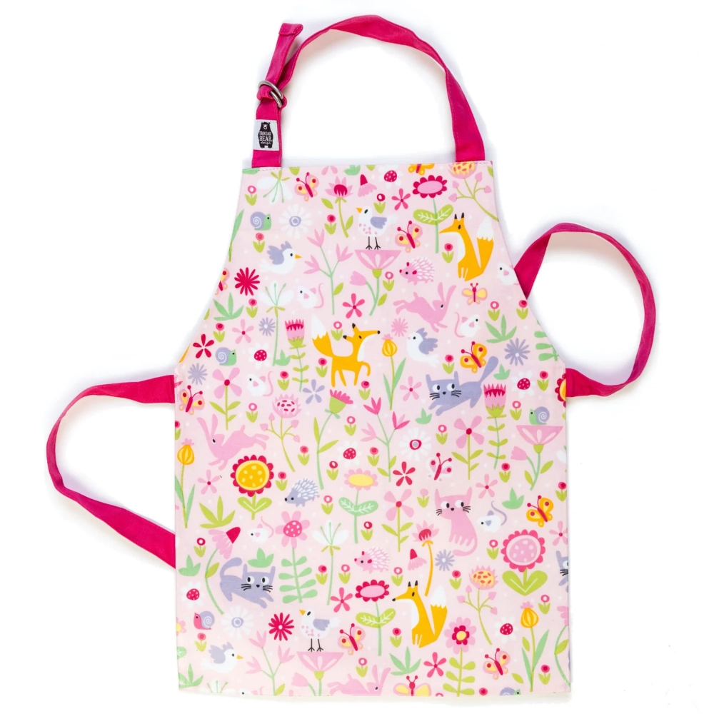 Threadbear Flora's Garden Apron is a beautiful TPU coated cotton kids apron illustrated with flowers, foxes and mice!