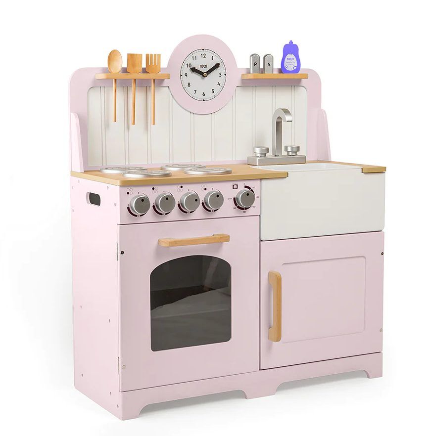 This Country Play Kitchen by Tidlo is a classically styled, wooden kids kitchen, in a pretty soft pink colour that beautifully made to endure many years of enjoyable play.