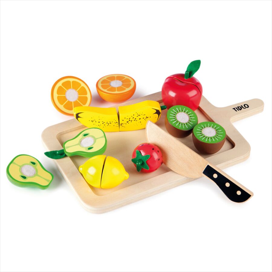 Tidlo Cutting Fruit Set features, chunky wooden cutting fruits, ideal for pretend play, including, a banana, orange, pear, lemon, kiwi and more! all laid out on a chopping board.