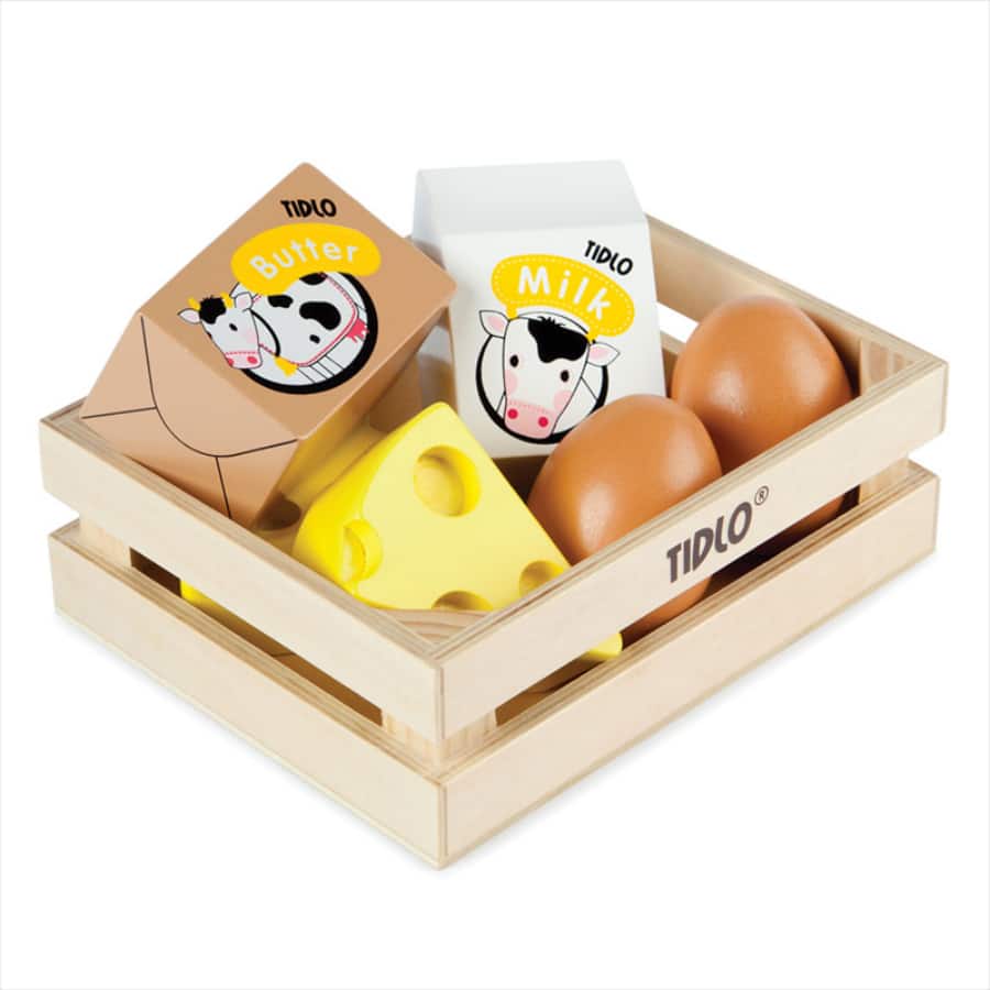 Tidlo Eggs & Dairy Set delightful play food set includes two eggs, two cheese triangles, butter and milk. Suitable for 3 years+