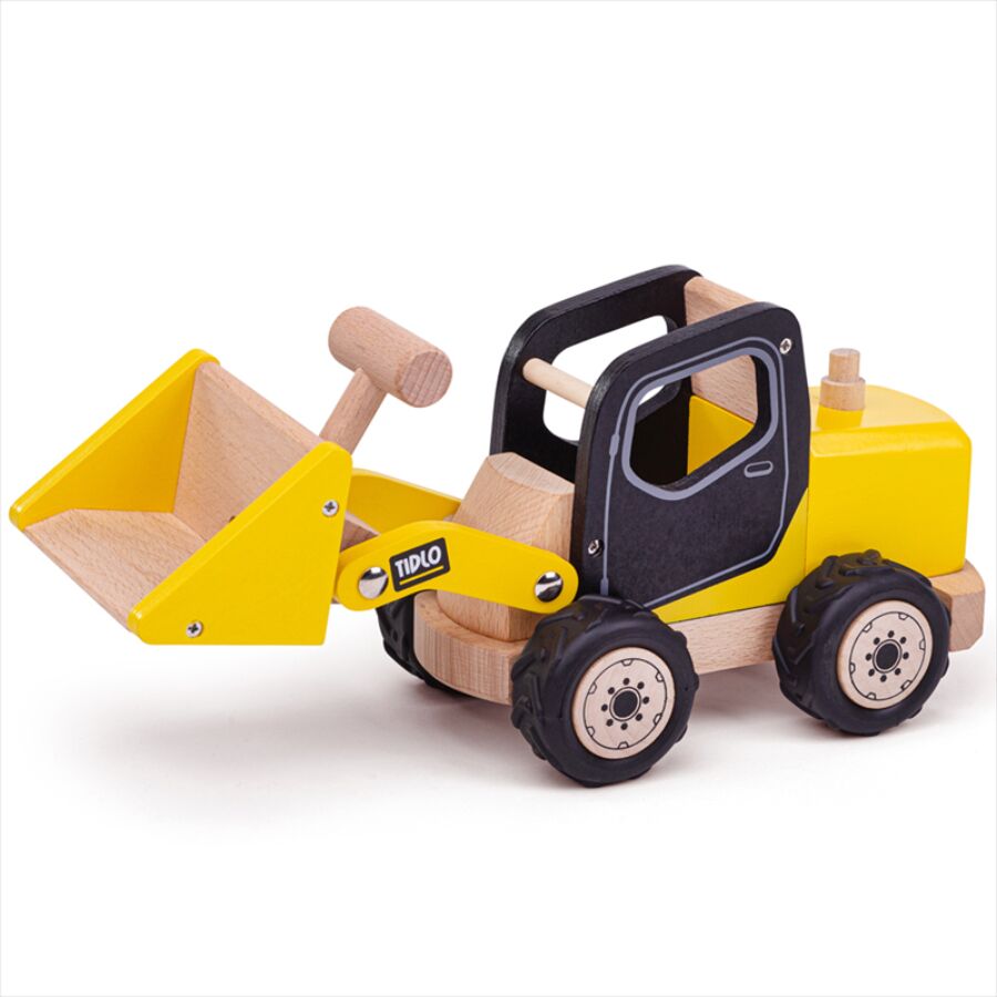 Tidlo Front End Loader is a robust, detailed wooden toy featuring a bucket with a handle attached, allowing you to scoop and dump the contents with ease