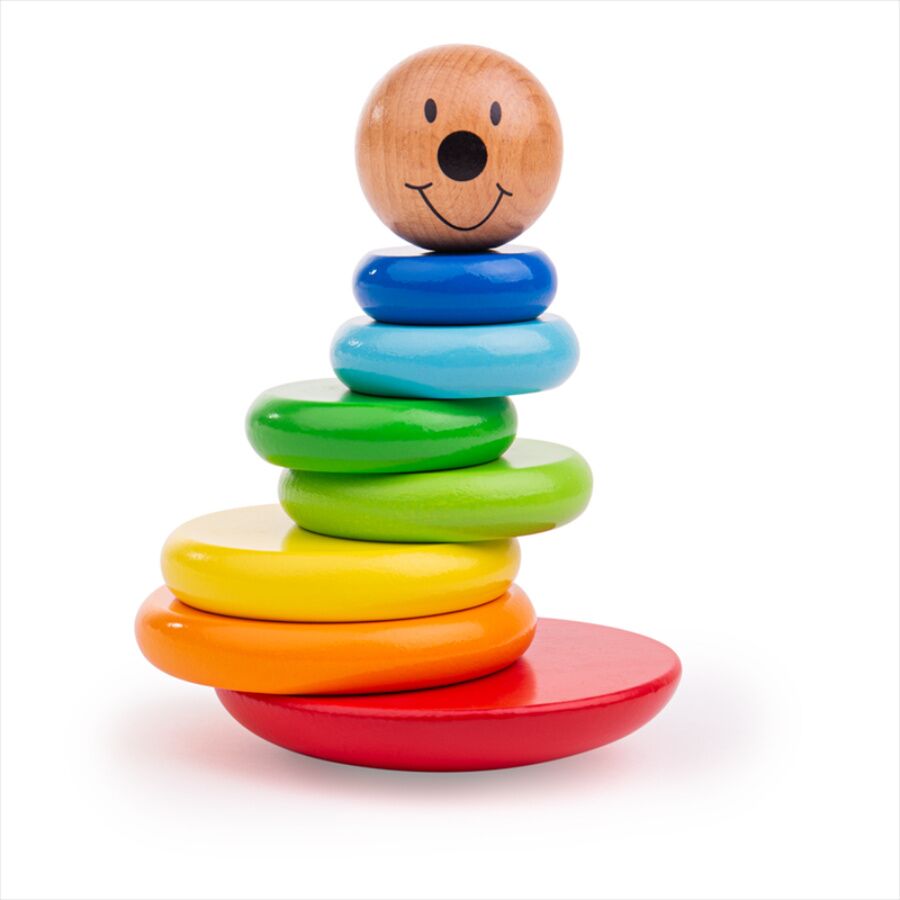 Tidlo Magnetic Wobbly Stacker, a brightly coloured wooden toy stacker with a friendly faced character, made up of six different coloured magnetic plates