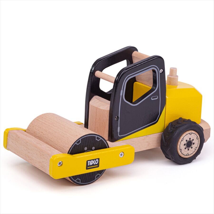 Tidlo Road Roller is a realistic, yellow wooden toy road roller with movable parts and wheels is great for playing, pushing and discovering.