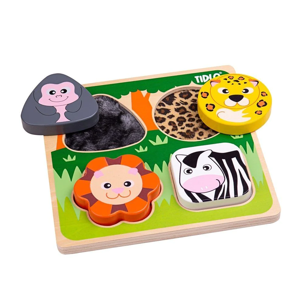 Tidlo Touch And Feel Safari Puzzle is a sensory puzzle boards that's great for early development, featuring a gorilla, lion, leopard and zebra.