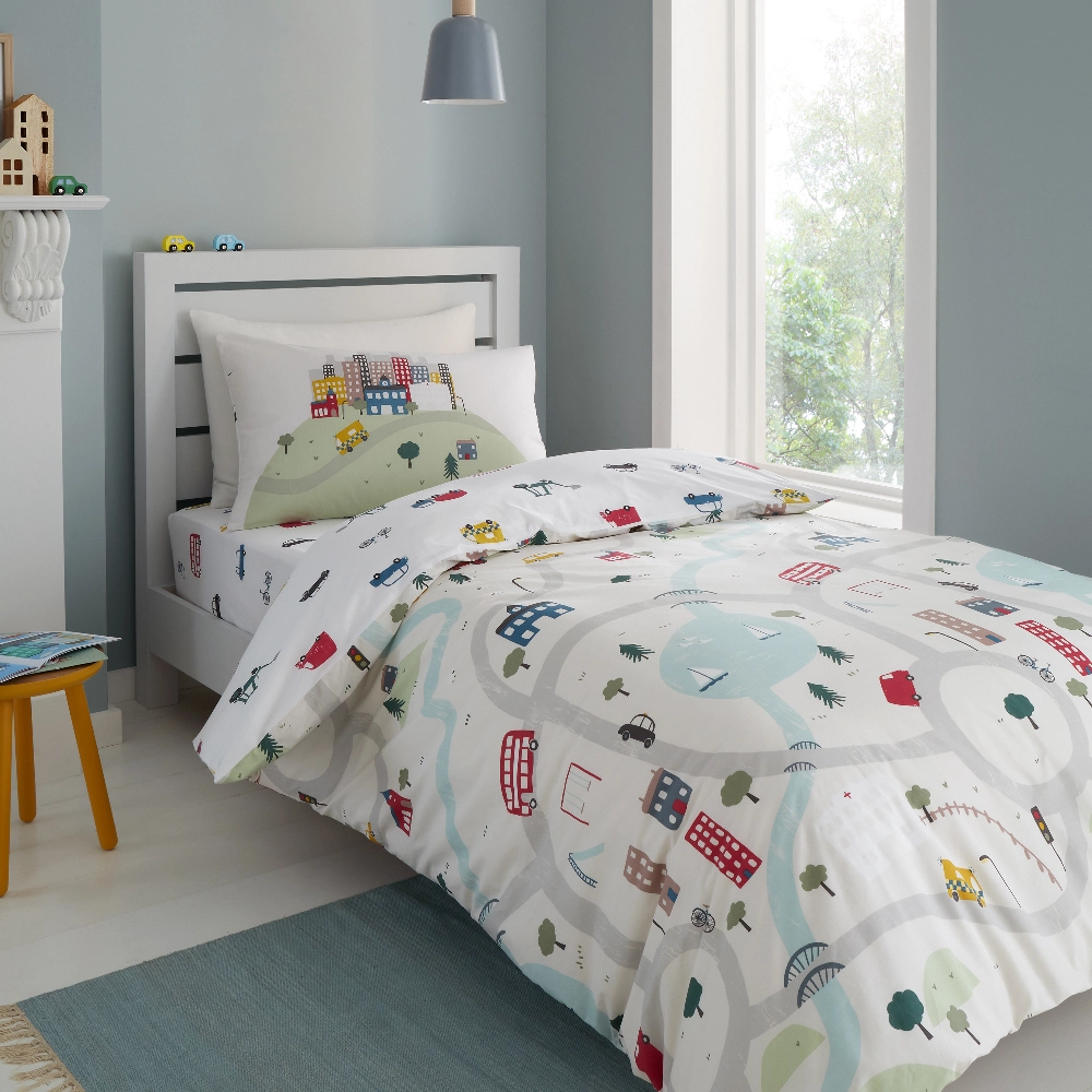 Transport Toddler Duvet Cover Set is a wonderful kids bedding set from Little Bianca featuring, colourful, Trucks, Cars, Busse's, Bikes and Diggers