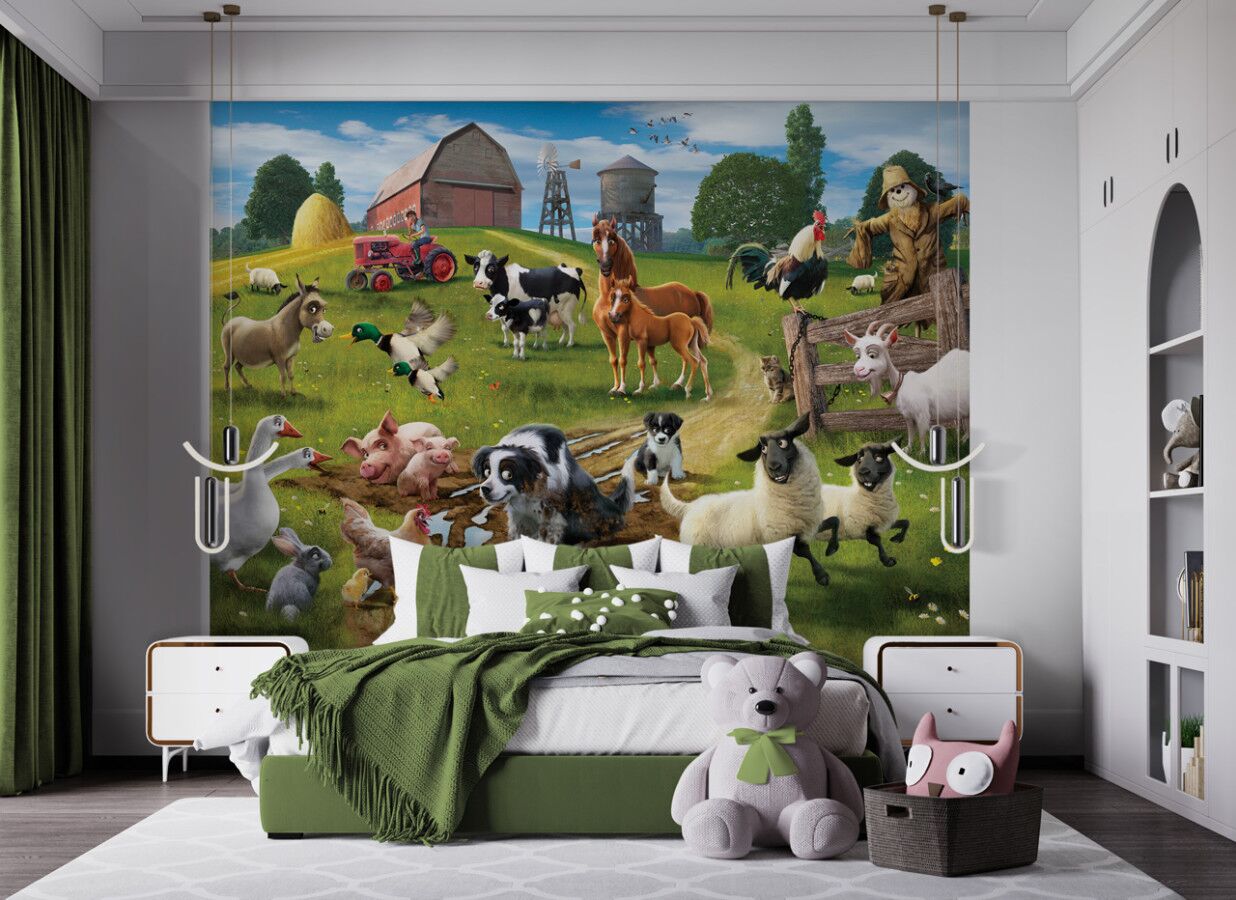 Walltastic Farmyard Fun Wall Mural features a farmyard scene with over 14 adorable animals, a barn, tractor and a whole lot more.
