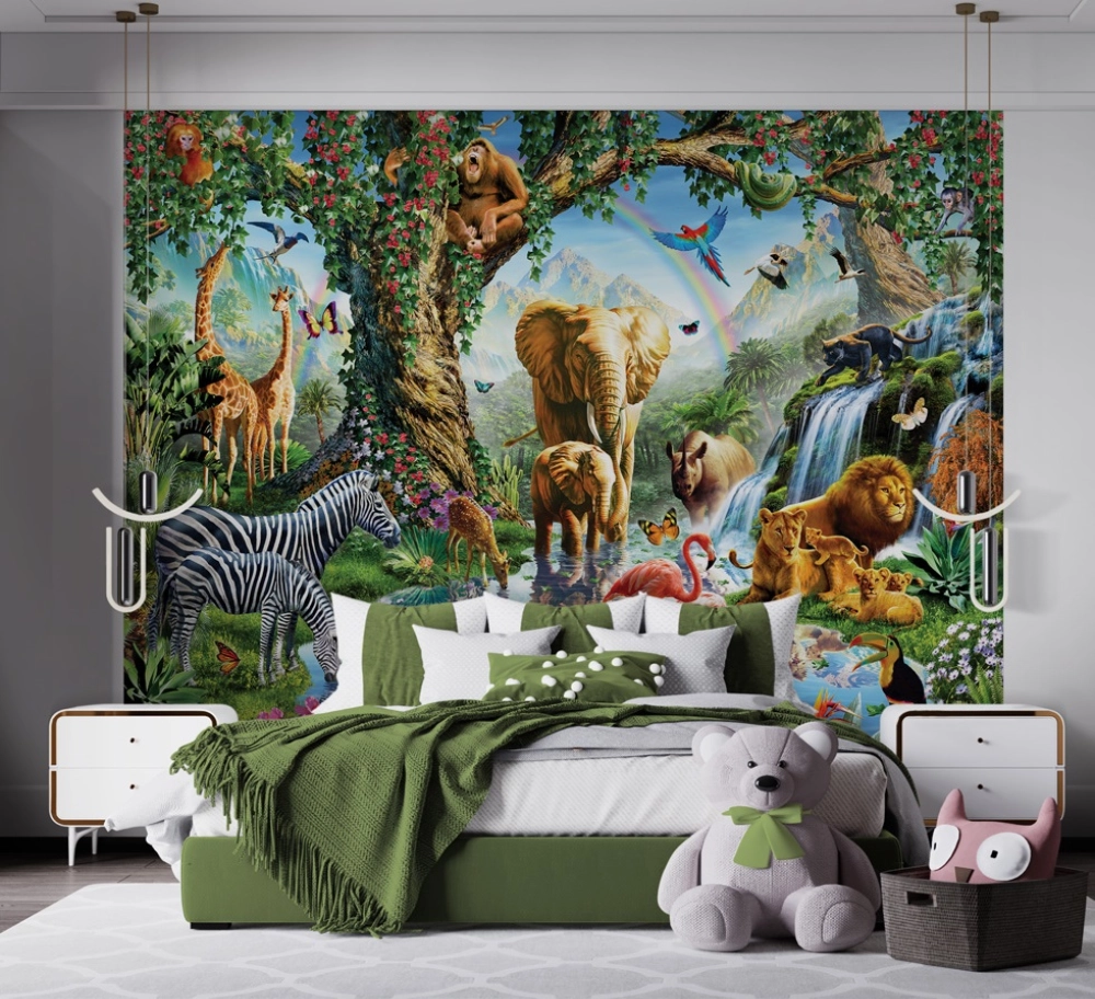 This Walltastic Jungle Lake Wall Mural, is a wonderfully illustrated wall mural that would instantly transform any kids room or playroom.