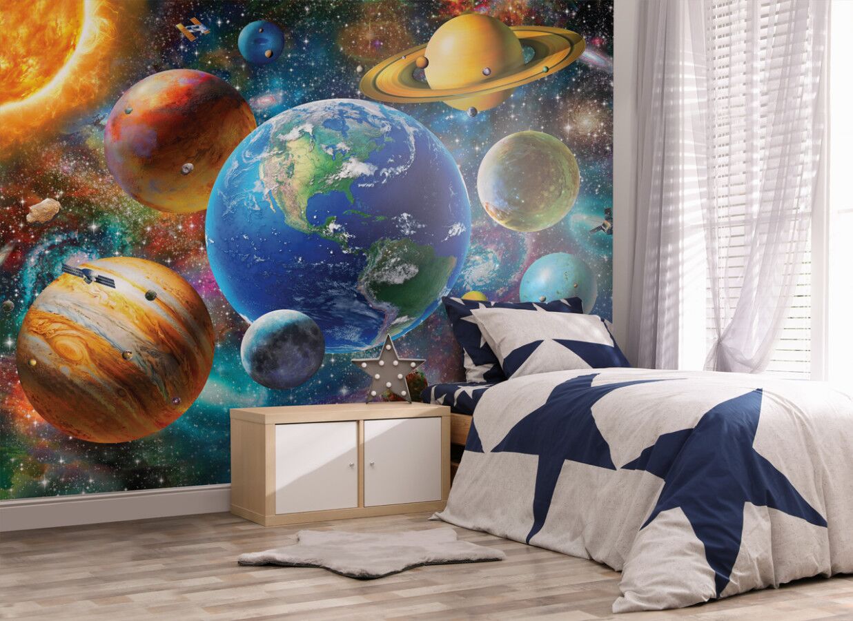 Walltastic Solar System Wall Mural is a wonderfully colourful depiction of the Earth and near Planets with a Cosmic backdrop of Galaxies Stars & Comets, that would instantly transform any kids room or playroom.