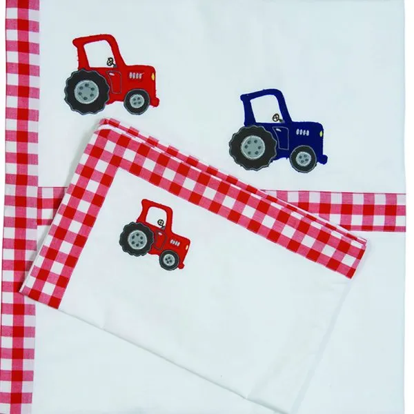 Win Green Barn Duvet Cover & Pillowcase is made from100% cotton and is appliquéd and embroidered with Farm Tractors on a crisp white backdrop.