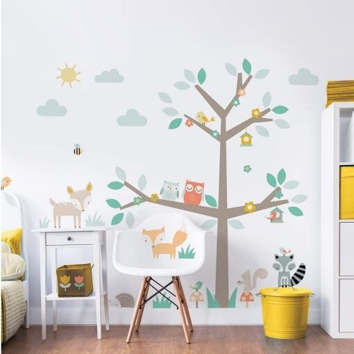 Walltastic Woodland Tree and Friends Large Character Sticker depicts a charming woodland scene with cute forest animals & birds