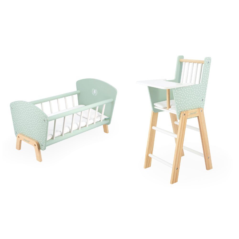 The Janod Zen Highchair & Bed Bundle offers great value and has everything you need to make your doll comfortable at night-time and feeding time.